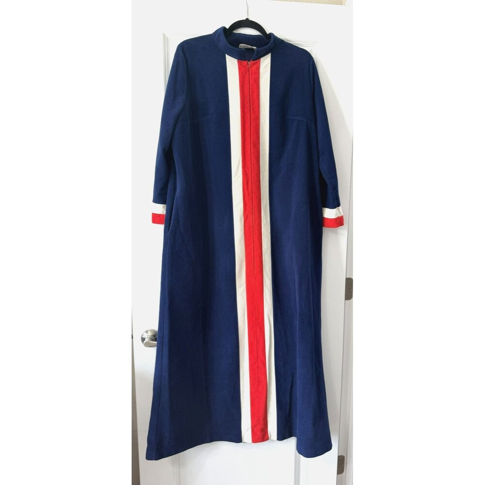 Vtg Vanity Fair Velour Long Robe Housecoat Striped Retro Zip Pockets sz 18